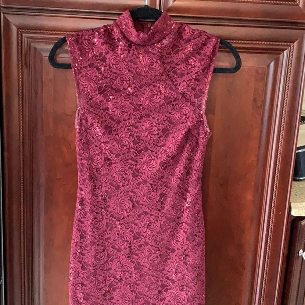 Red wine color fitted dress High neck line